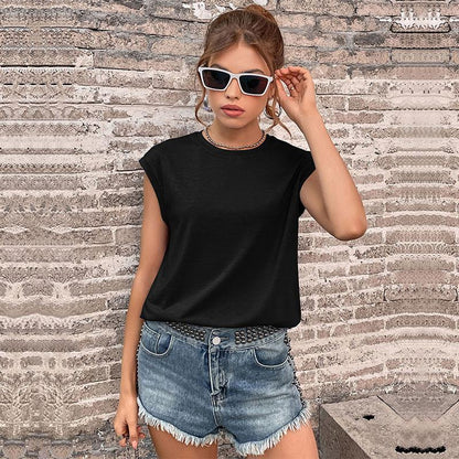 Loose Fit Solid Color Crewneck T-Shirt with Cap Sleeves