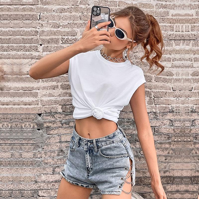 Loose Fit Solid Color Crewneck T-Shirt with Cap Sleeves