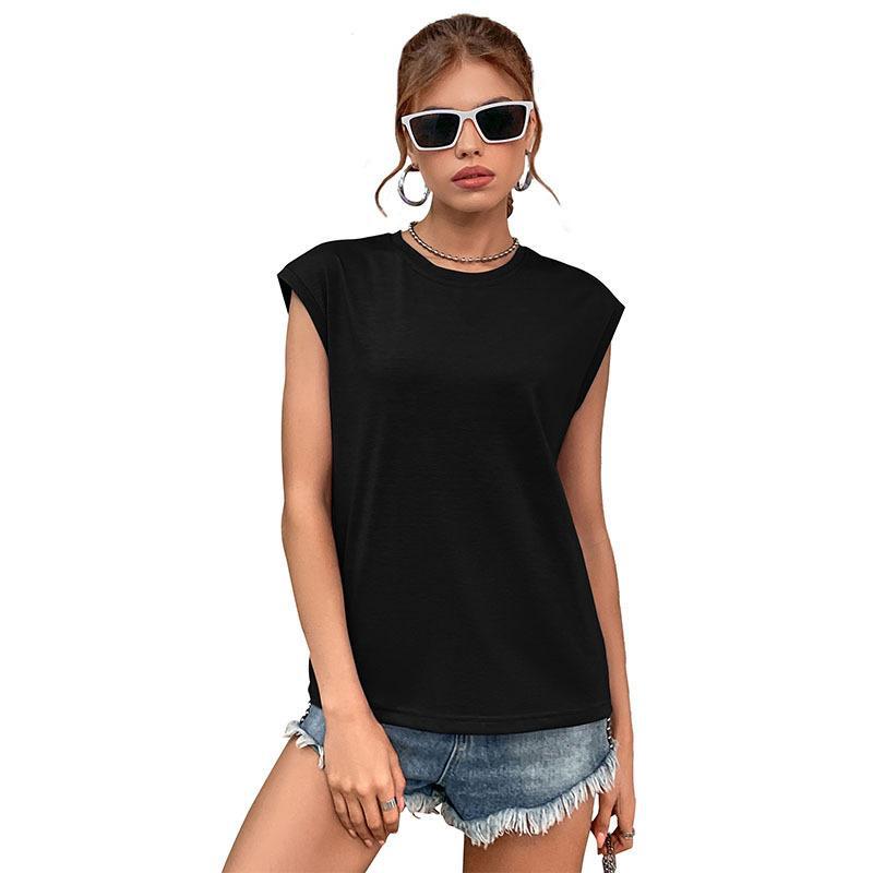 Loose Fit Solid Color Crewneck T-Shirt with Cap Sleeves