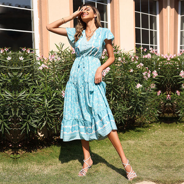 Floral Print A-Line Midi Dress with V-Neck and Drawstring Waist