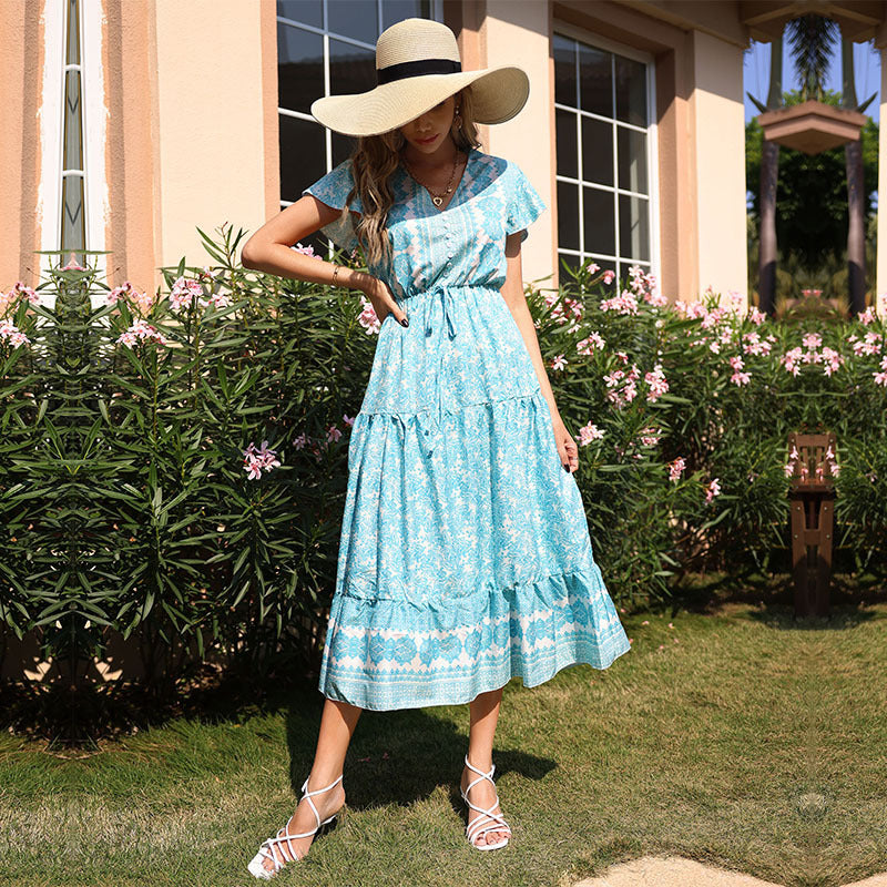 Floral Print A-Line Midi Dress with V-Neck and Drawstring Waist