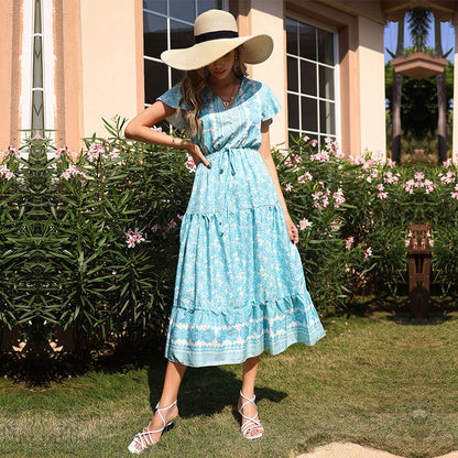 Floral Print A-Line Midi Dress with V-Neck and Drawstring Waist
