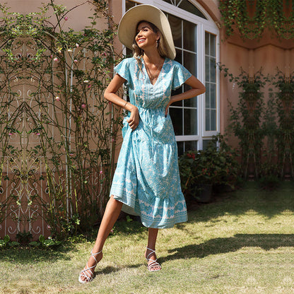 Floral Print A-Line Midi Dress with V-Neck and Drawstring Waist