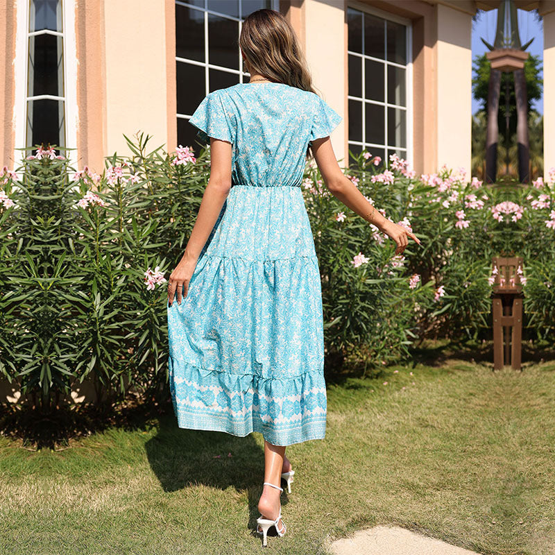Floral Print A-Line Midi Dress with V-Neck and Drawstring Waist