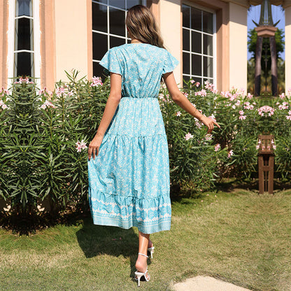 Floral Print A-Line Midi Dress with V-Neck and Drawstring Waist