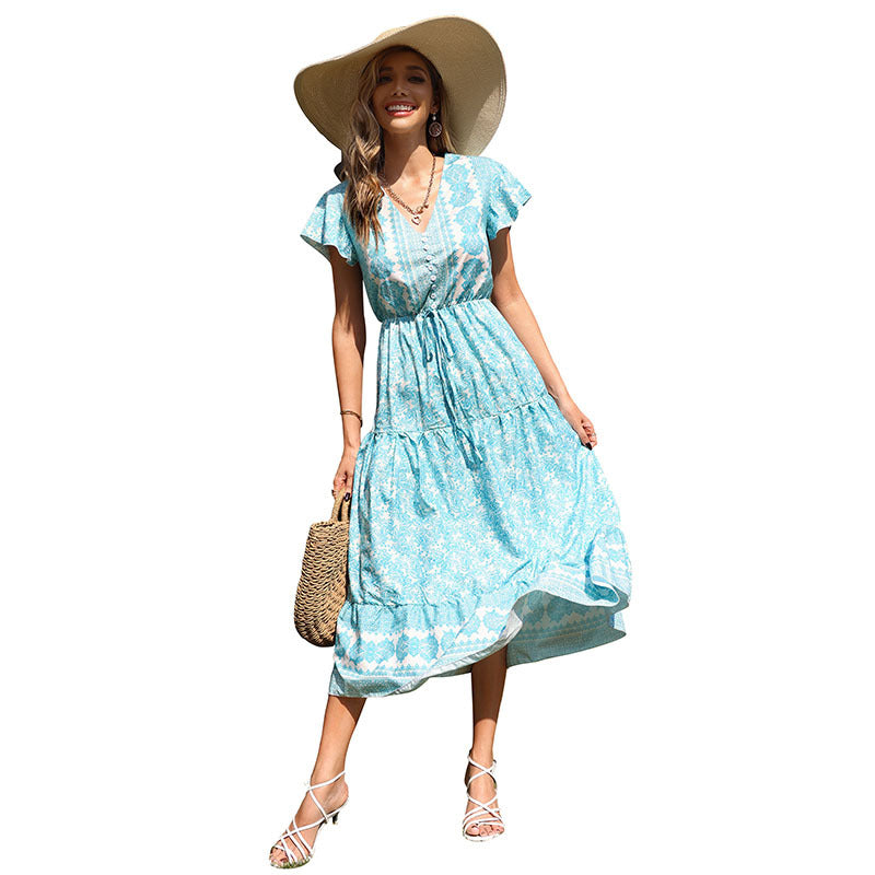 Floral Print A-Line Midi Dress with V-Neck and Drawstring Waist
