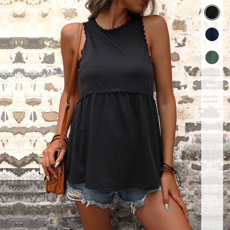 Solid Sleeveless Babydoll Top with Scalloped Lace Trim