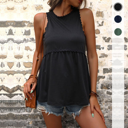 Solid Sleeveless Babydoll Top with Scalloped Lace Trim