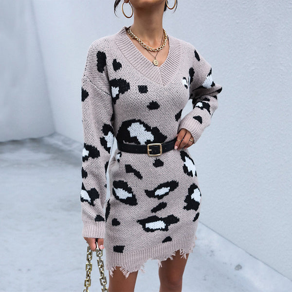 Leopard Print V-Neck Sweater Dress with Distressed Hem