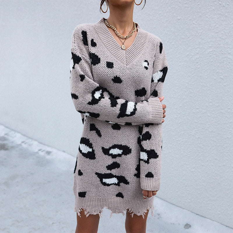 Leopard Print V-Neck Sweater Dress with Distressed Hem