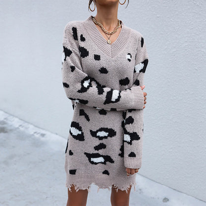 Leopard Print V-Neck Sweater Dress with Distressed Hem