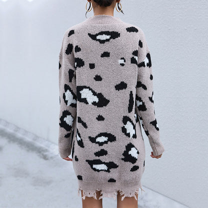 Leopard Print V-Neck Sweater Dress with Distressed Hem