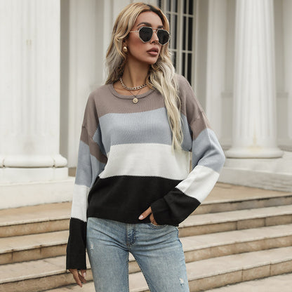 Loose Color-Block Knit Pullover with Crewneck