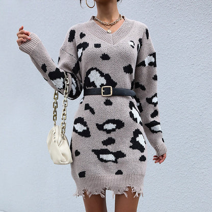 Leopard Print V-Neck Sweater Dress with Distressed Hem