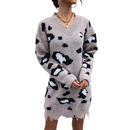 Leopard Print V-Neck Sweater Dress with Distressed Hem