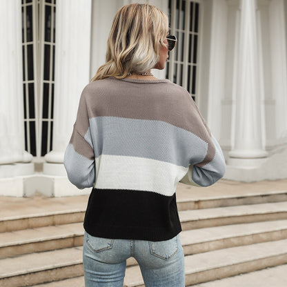 Loose Color-Block Knit Pullover with Crewneck