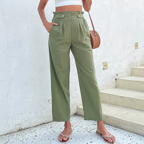 Straight-Leg Cropped Pants with Pleated Paperbag Waist