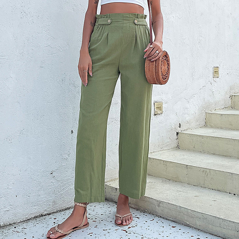 Straight-Leg Cropped Pants with Pleated Paperbag Waist