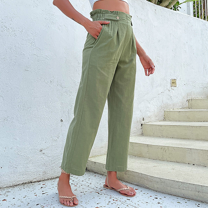 Straight-Leg Cropped Pants with Pleated Paperbag Waist