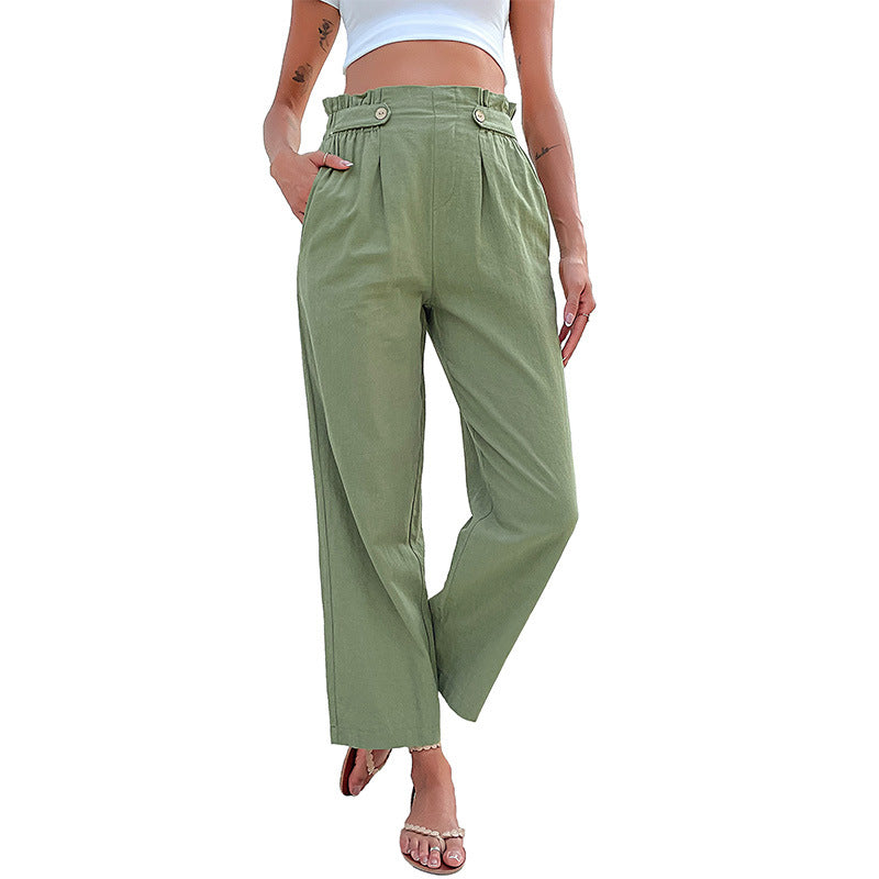 Straight-Leg Cropped Pants with Pleated Paperbag Waist