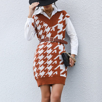 Houndstooth Knit Mini Dress with Sleeveless V-Neck
