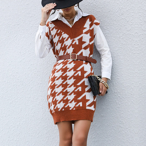 Houndstooth Knit Mini Dress with Sleeveless V-Neck