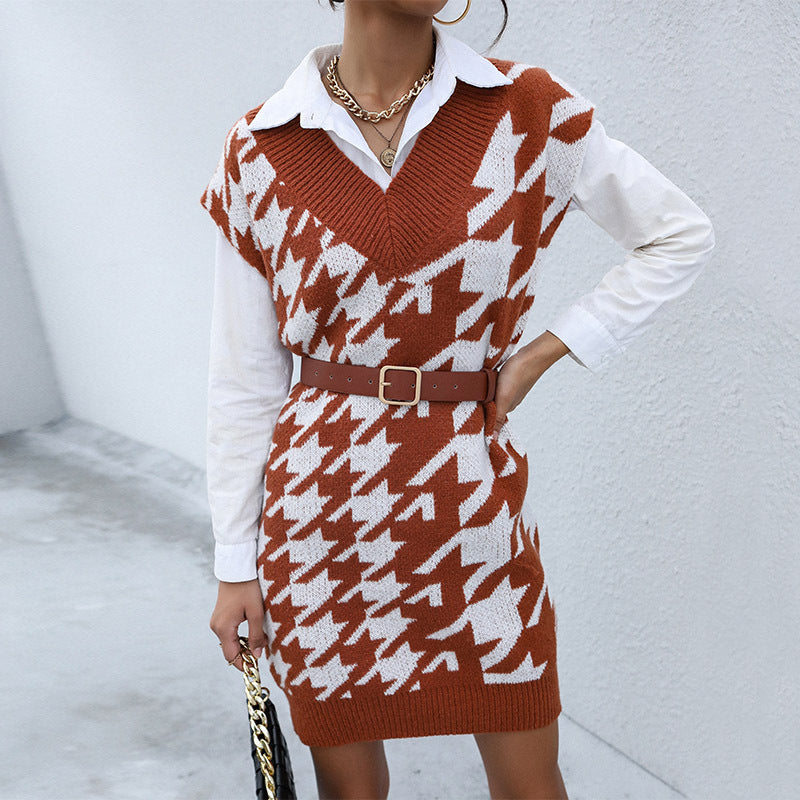 Houndstooth Knit Mini Dress with Sleeveless V-Neck