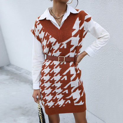 Houndstooth Knit Mini Dress with Sleeveless V-Neck