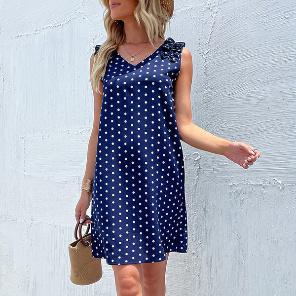 Polka Dot A-Line Dress with V-Neck and Ruffled Shoulders