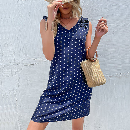 Polka Dot A-Line Dress with V-Neck and Ruffled Shoulders