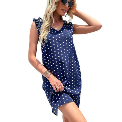 Polka Dot A-Line Dress with V-Neck and Ruffled Shoulders