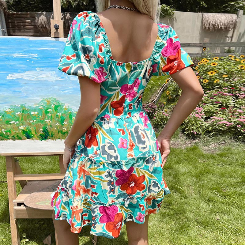 Floral Print Tiered Mini Dress with V-Neck and Puff Sleeves