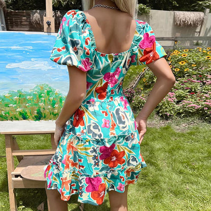 Floral Print Tiered Mini Dress with V-Neck and Puff Sleeves