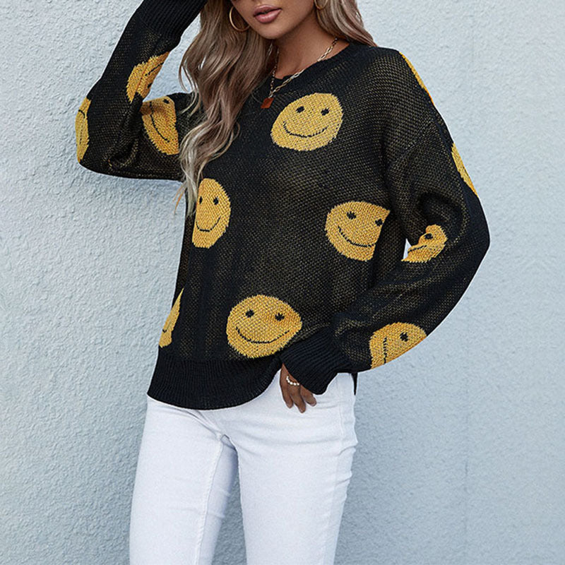 Loose Smiley Face Knit Sweater with Crewneck