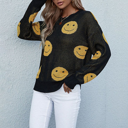 Loose Smiley Face Knit Sweater with Crewneck