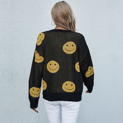 Loose Smiley Face Knit Sweater with Crewneck