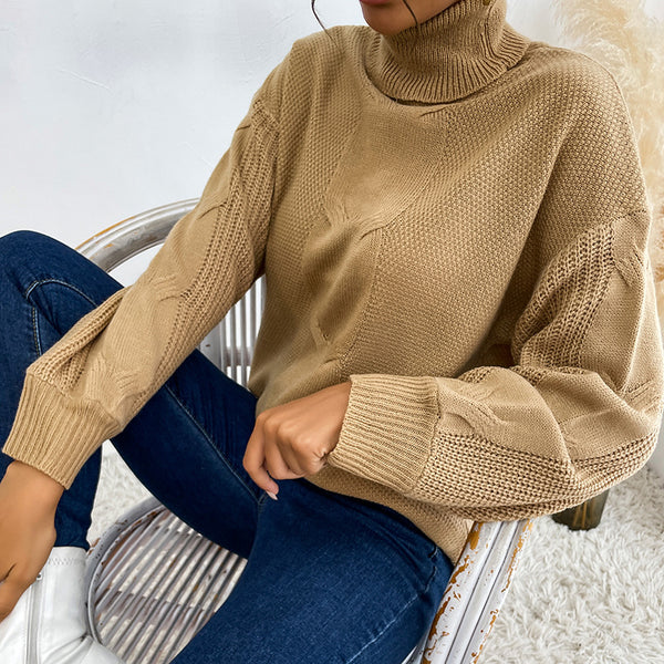 Solid Loose Fit Sweater with Turtleneck and Cable Knit