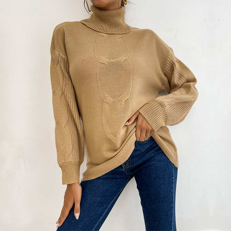 Solid Loose Fit Sweater with Turtleneck and Cable Knit