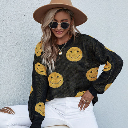 Loose Smiley Face Knit Sweater with Crewneck