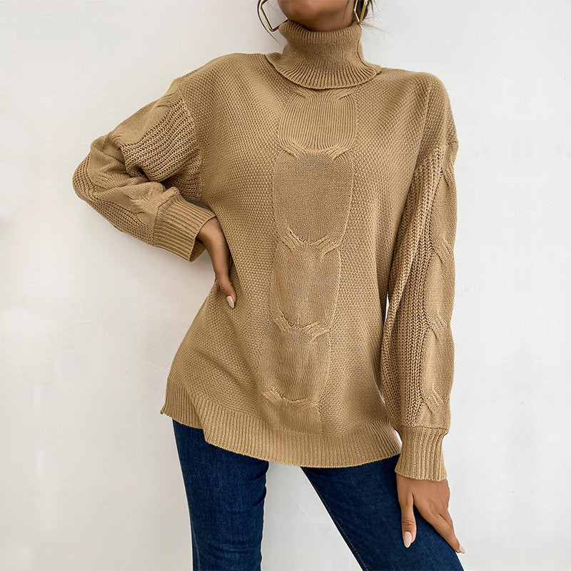 Solid Loose Fit Sweater with Turtleneck and Cable Knit