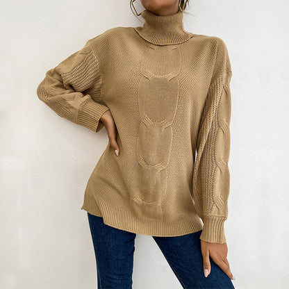 Solid Loose Fit Sweater with Turtleneck and Cable Knit