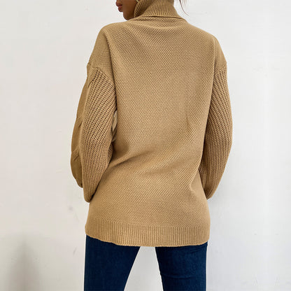 Solid Loose Fit Sweater with Turtleneck and Cable Knit