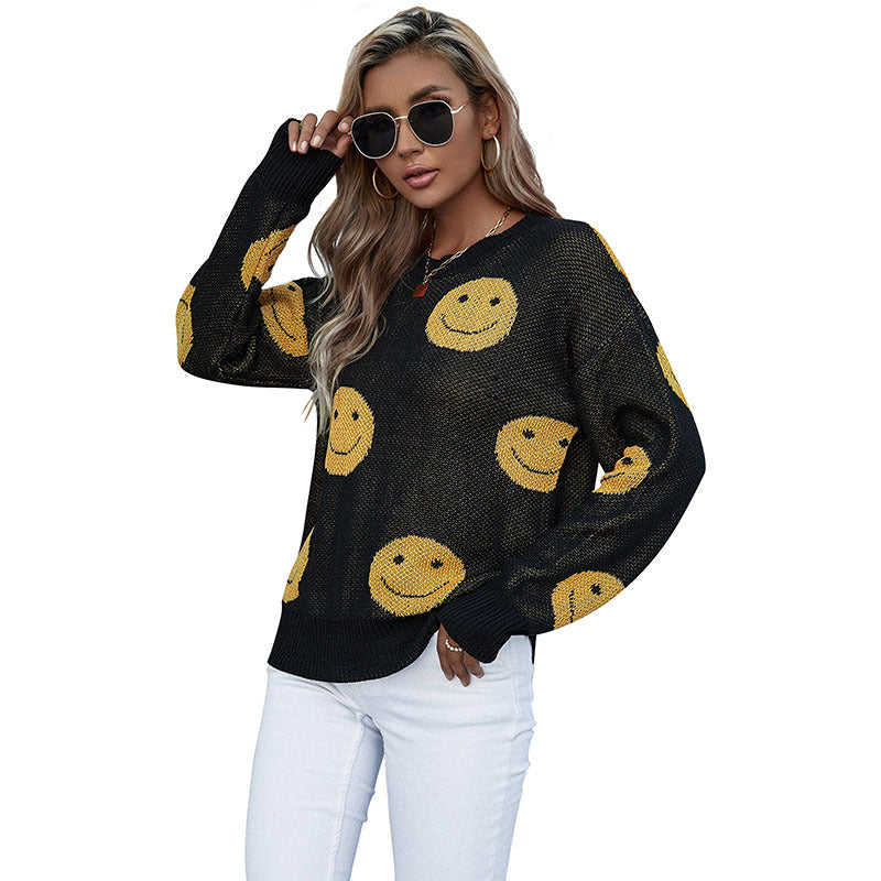 Loose Smiley Face Knit Sweater with Crewneck