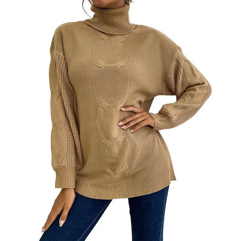 Solid Loose Fit Sweater with Turtleneck and Cable Knit