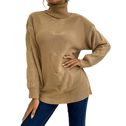 Solid Loose Fit Sweater with Turtleneck and Cable Knit