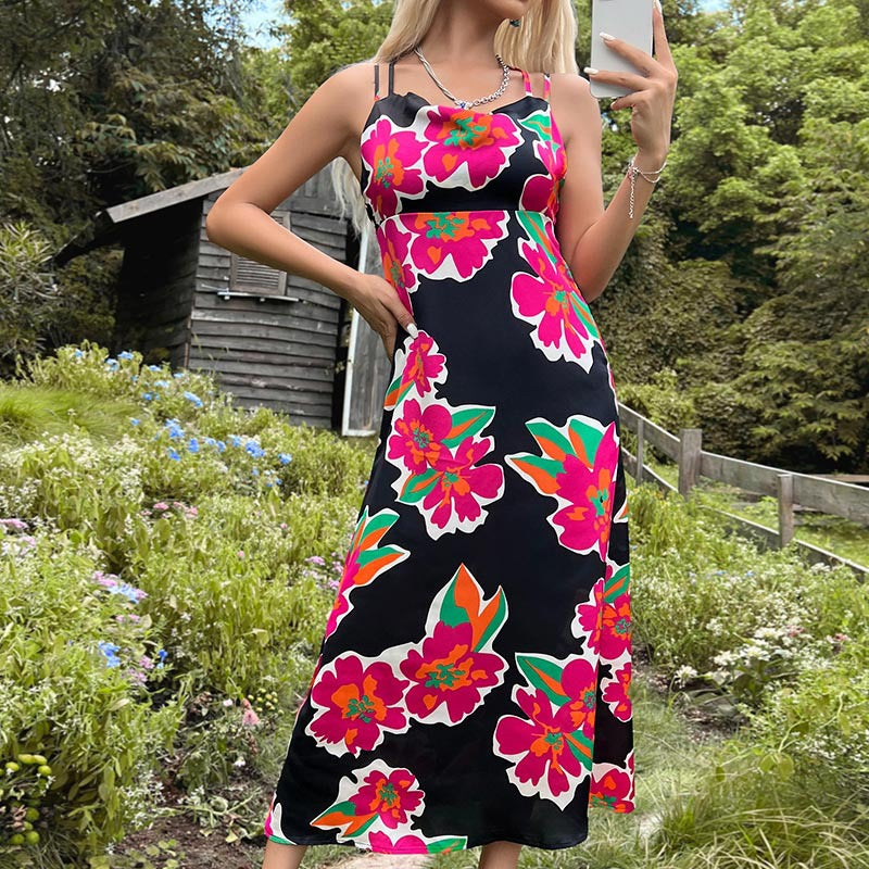 A-Line Floral Print Midi Dress with Spaghetti Straps