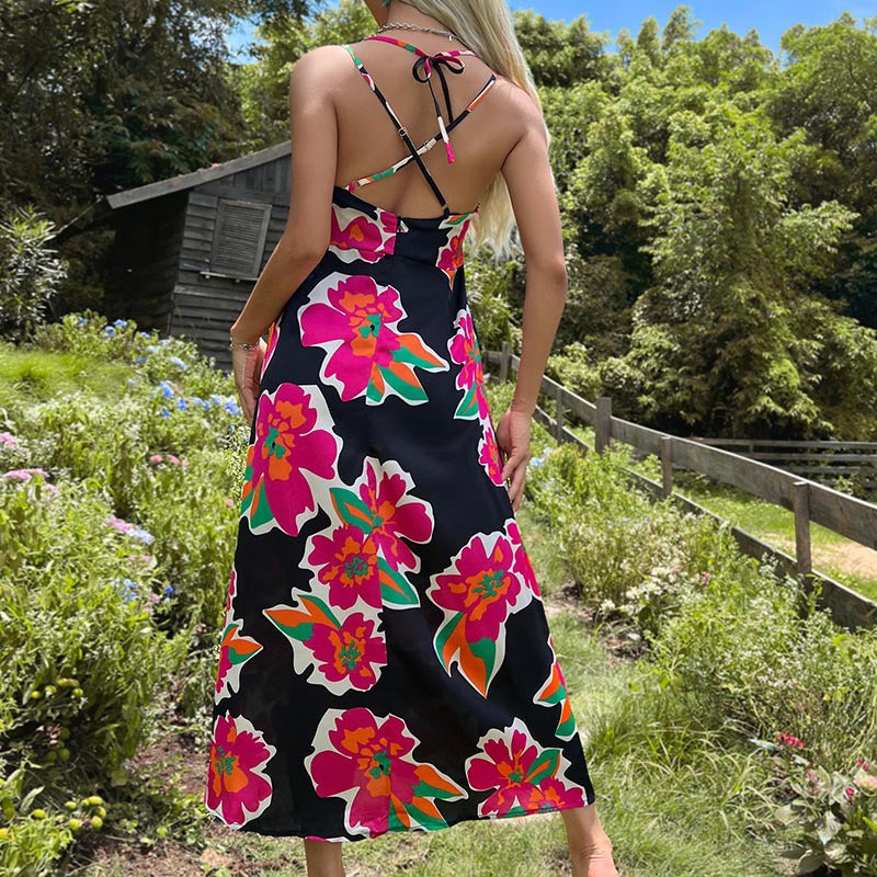 A-Line Floral Print Midi Dress with Spaghetti Straps