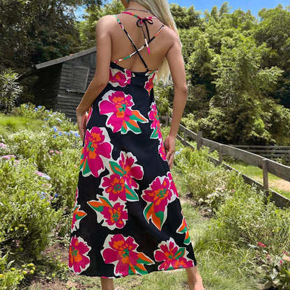 A-Line Floral Print Midi Dress with Spaghetti Straps