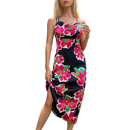A-Line Floral Print Midi Dress with Spaghetti Straps