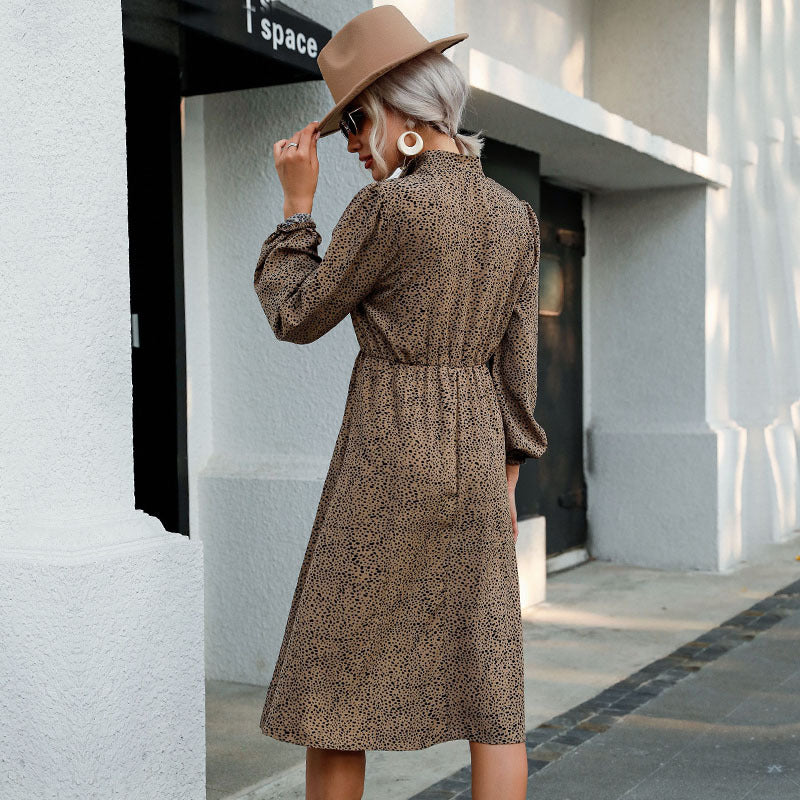 Ditsy Leopard Print Shirt Dress with Lapel Collar